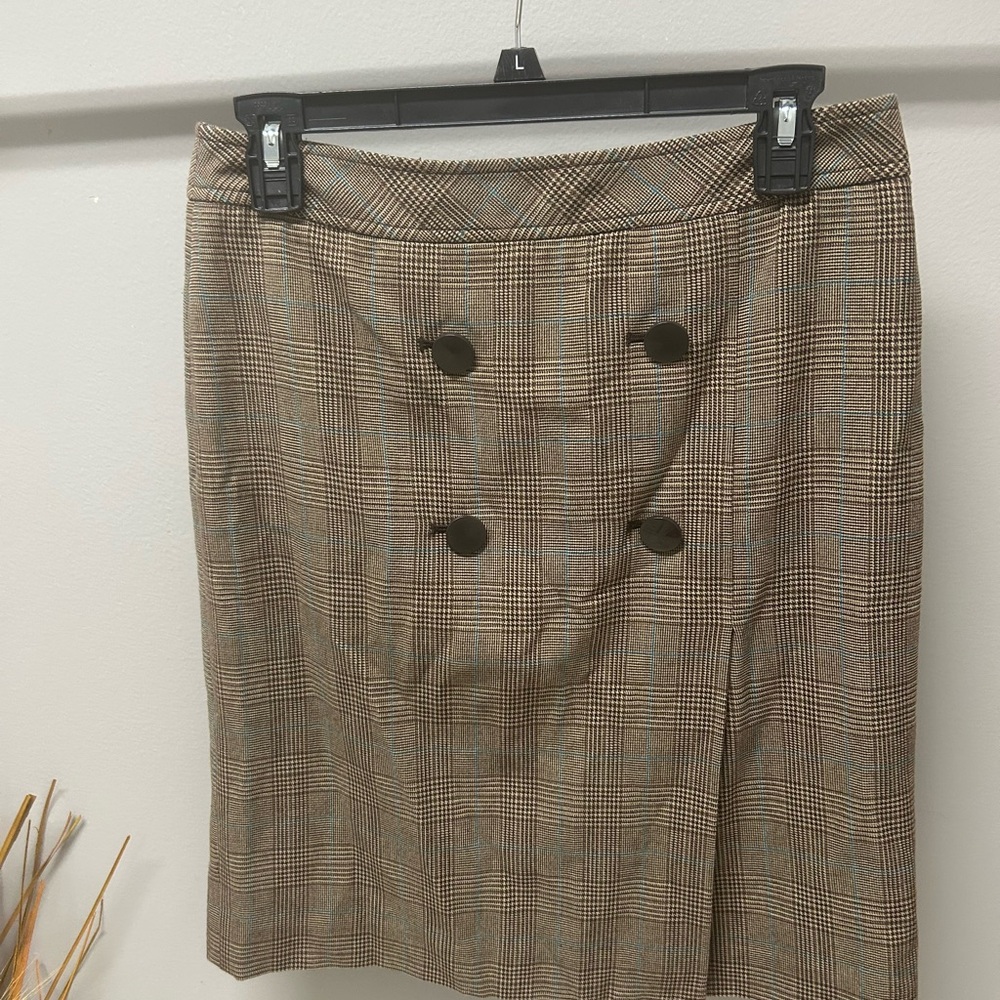 Apostrophe Brown Plaid Pencil Skirt with Button Accents